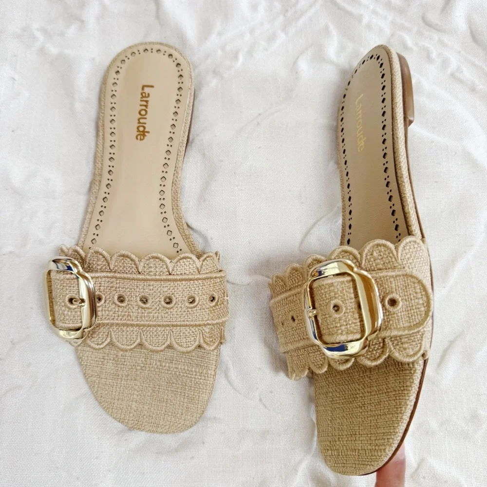 Larroudé Ivy Broderie Flat Sandal In Beige Raffia Size 6 New - Picture 5 of 11